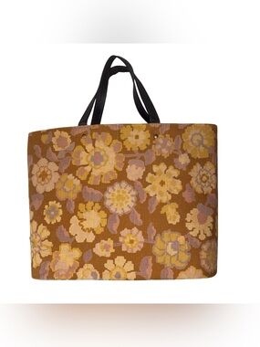 Vintage Floral Tapestry Tote Bag Retro 60s 70s Woven Flower Purse Yellow